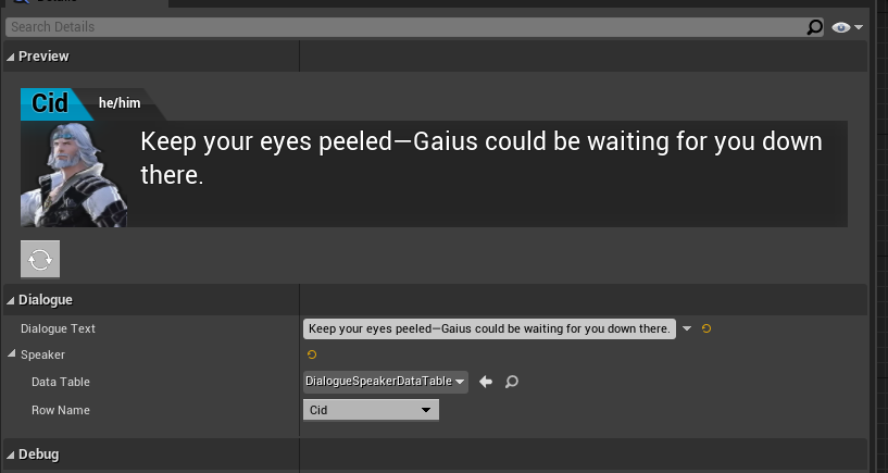 Pictured: the Details panel, with a custom UMG widget that shows how the Dialogue box would look like in-game.
